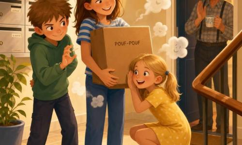 Zoé, 12 ans, sourire soulagé, cheveux châtains mi-longs, t-shirt rayé bleu, tient contre elle un grand carton brun marqué "POUF-POUF" qu'elle regarde avec amusement ; Malo, ~10 ans, regard malicieux, cheveux courts en bataille, sweat vert, se tient légèrement derrière elle en posture d'agent secret, mimant un "pouf" ; Inès, ~8 ans, petite, couettes blondes, robe jaune, accroupie et collant l'oreille au carton, émerveillée ; Monsieur Lenoir, vieil homme aux lunettes rondes et chemise à carreaux, apparaît à la porte en arrière-plan avec un mug et applaudit doucement ; palier d'immeuble clair et chaleureux (carrelage beige brillant, boîtes aux lettres, plante en pot, rampe en bois) baigné d'une lumière douce de fin de matinée ; scène centrée sur le carton d'où s'échappent de petits "pouf" dessinés, ambiance complice et tendre, palette de tons chauds (ocre, jaune, bleu délavé) et contrastes doux.