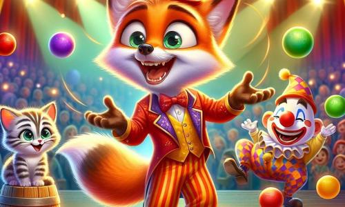 Félix, un renard espiègle à la fourrure orange vif et aux yeux curieux, jongle joyeusement avec des balles colorées, souriant largement. Il est vêtu d'un costume de clown avec un chapeau pointu et un nez rouge. À ses côtés, un chaton tigré applaudit avec surprise et amusement, assis sur un tonneau en bois. Un clown joyeux, également avec un nez rouge et une moustache, rit en tenant une plume dorée derrière Félix. La scène se déroule dans un chapiteau de cirque aux rayures rouges et jaunes, rempli de lumières scintillantes et de spectateurs émerveillés, tous captivés par le spectacle. L'atmosphère est joyeuse et festive, pleine de rires.