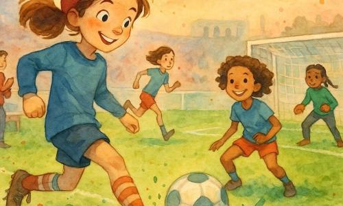 Maëva, confiante et souriante, bonnet rouge, queue de cheval châtain clair, en train de faire une passe décisive du pied droit en maillot bleu et chaussettes rayées avec éclaboussures de peinture verte autour du ballon ; Lucie, fine et dynamique, court en arrière-plan vers le but ; Salomé, bouclée et souriante, près du but, jambes fléchies, reçoit la passe et prépare son tir ; Aïcha, gardienne tressée d’environ 11 ans, gants prêts, se tient attentive devant le but ; Mme Lila, coach à la veste de sport, applaudit près du banc ; le stade montre une pelouse verte texturée à l’aquarelle, lignes blanches nettes, poteaux blancs, gradins flous et ciel rose-orangé au coucher de soleil, capturant un moment intense et lumineux juste avant le but.