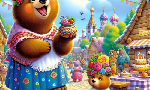 Un petit ours brun nommé Boris se tient sur une souche, rayonnant de fierté. Il tient un pot décoré de fleurs, rempli de papiers colorés, et chante joyeusement pour sa maman. À côté, sa maman, une grande ourse douce, l'écoute avec bonheur, entourée de guirlandes de fleurs. En arrière-plan, la place du village est animée, ornée de nappes à carreaux, de gâteaux de miel et de fruits colorés, sous un ciel bleu. Les autres ours participent à la fête, créant une atmosphère chaleureuse. La scène célèbre l'amour et la joie de la fête des mères.