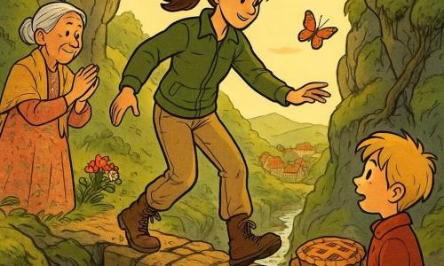 Emma, exploratrice de 22 ans aux cheveux châtains en queue de cheval, concentrée et souriante, avance avec prudence et fierté sur une rampe de pierre inclinée au-dessus d’une brèche du vieux pont, vêtue d’un blouson kaki, pantalon beige et bottes boueuses; Mathilde, 78 ans, cheveux blancs en chignon, robe à fleurs et châle, applaudit depuis l’entrée du chemin à gauche près d’un petit bouquet; un garçon d’environ 8 ans, cheveux blonds, petit manteau rouge, tient une tarte sur la rive opposée, émerveillé. Le décor montre une faille rocheuse lumineuse entre deux collines, parois grises couvertes de mousse, racines formant des ponts, ruisseau scintillant et villages de pierre aux toits rouges au loin; la brèche réparée avec des pierres empilées, poussière légère, éclats de mousse et un papillon orange accompagnent l’aube dorée et l’atmosphère de victoire calme. Style graphique : couleurs chaudes et saturées, contours à l’encre, traits doux et texturés, composition centrée sur Emma franchissant la brèche.