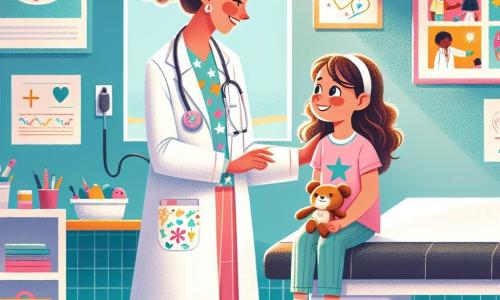 Clara, médecin d'une trentaine d'années, a des cheveux châtains bouclés et porte une blouse blanche à motifs colorés. Elle sourit chaleureusement en examinant Mia, une petite fille de six ans aux longs cheveux bruns, vêtue d'un t-shirt rose avec des étoiles. Mia, assise avec un léger sourire et un jouet en peluche, écoute Clara qui lui parle doucement. La scène se déroule dans une clinique lumineuse aux murs colorés, décorée de dessins d'enfants et d'affiches éducatives. Clara rassure Mia après une petite chute, transformant l'inquiétude en une expérience joyeuse et chaleureuse.