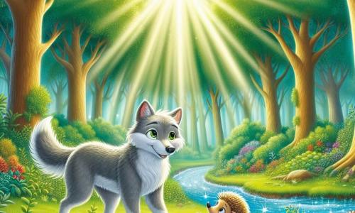 Un loup nommé Léo, au pelage doux et argenté, se tient dans une clairière ensoleillée, souriant et tendant la patte vers un hérisson inquiet nommé Hugo, qui cherche du réconfort. La clairière est entourée d'arbres majestueux et de fleurs colorées, créant une atmosphère magique. Au fond, un ruisseau scintille sous le soleil. Léo réconforte son ami hérisson, prêt à l'aider à retrouver sa maman, symbolisant l'amitié et le courage.