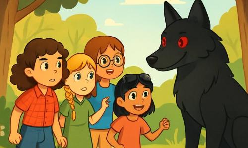 Quatre filles de 11 ans se tiennent dans une clairière ensoleillée, entourées d'arbres. Clara, aux cheveux bruns et bouclés, porte une chemise rouge à carreaux et un short en jean, regardant le loup avec détermination. Lila, avec ses longs cheveux blonds tressés et une robe verte, est en retrait, inquiète. Émilie, aux cheveux châtains et lunettes rondes, sourit en portant un t-shirt bleu et un pantalon beige, prête à parler au loup. Jade, avec des cheveux noirs et des lunettes de soleil, est en t-shirt rose et short, affichant un air courageux. La clairière est lumineuse, avec des fleurs colorées et des rayons de soleil créant des ombres dansantes. Un loup majestueux, à la fourrure noire et aux yeux rouges brillants, se tient amicalement au fond, prêt à écouter les filles, qui s'approchent avec courage et curiosité pour lui prouver qu'il n'est pas un monstre.