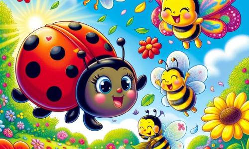 Une coccinelle rouge avec des points noirs, nommée Coccinelle, vole joyeusement au-dessus d'un jardin coloré, ses ailes translucides brillent sous le soleil. À côté d'elle, une abeille jaune et noire, Buzz, vole en cercles, rassemblant des fleurs pour le festival. Un papillon multicolore, Papillon, danse dans les airs, tandis qu'une fourmi déterminée transporte une feuille. Le jardin est rempli de fleurs éclatantes, d'arbres en fleurs et d'un ciel bleu clair. Coccinelle et ses amis préparent un festival de printemps, décorant le jardin et célébrant la beauté de la saison.