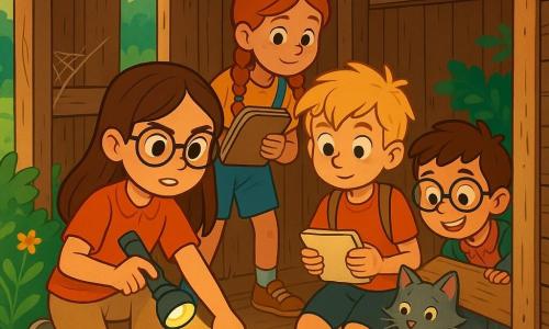 Quatre enfants, deux filles et deux garçons, se trouvent dans une vieille cabane en bois au parc. Léa, 10 ans, avec de longs cheveux bruns et des lunettes rondes, tient une lampe de poche et montre des traces de pattes dans la poussière. À sa droite, Tom, 9 ans, aux cheveux blonds en bataille, regarde avec curiosité, carnet en main. Derrière eux, Sarah, 10 ans, avec des cheveux roux et des tresses, examine une vieille planche, tandis qu'Hugo, 8 ans, avec des lunettes et un sourire malicieux, caresse Grisou, le chat gris coincé derrière la planche. La cabane en bois vieilli est entourée de buissons et de fleurs sauvages, avec des toiles d'araignées et des rayons de soleil filtrant. Les enfants découvrent Grisou, le chat perdu de Mme Dupont, et l'aident à sortir, montrant leur esprit d'équipe et leur détermination.