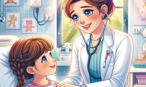 Au centre de l'image, le Dr Camille Verdier, une femme d'une trentaine d'années, souriante, porte une blouse blanche et un stéthoscope. Elle est accroupie près d'un lit d'hôpital où Clara, une fille de 8 ans, est allongée, souriante et tenant un ours en peluche. La chambre est décorée de couleurs douces avec des dessins d'animaux et des jouets. La scène montre le Dr Camille rassurant Clara, qui vient de se remettre d'une réaction allergique, illustrant la magie de la médecine et les liens humains.