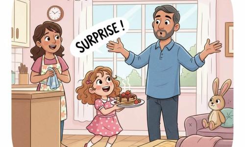 Lily, 4 ans, souriante et excitée, cheveux bouclés châtain clair, en robe rose à pois blancs, saute en criant « Surprise ! » en tenant un plateau de pancakes fumants; le papa, quarantaine, barbe douce et chemise bleue, debout devant la table, ouvre les bras, surpris et ému; la maman, trentaine, cheveux bruns attachés et tablier à fleurs, rit doucement près du plan de travail, un linge à la main; un lapin en peluche nommé Biscuit, beige aux grandes oreilles roses, est posé sur le canapé; lieu : salon-cuisine lumineux d’une petite maison rose aux murs crème, grande fenêtre aux rideaux blancs, table en bois clair garnie de pancakes au chocolat et fraises, couverture posée comme cachette; situation : surprise du petit-déjeuner de la fête des pères au matin, lumière douce, expressions chaleureuses, composition centrée sur le geste d’offrir et l’émotion partagée.