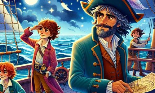 Le capitaine Armand Delâge, un homme d'une quarantaine d'années, se tient sur le pont du Corbeau d'Argent, avec un visage buriné et des yeux déterminés. À ses côtés, Miette, la cartographe de 25 ans, scrute la carte céleste, tandis que Théo, un matelot de 20 ans, ajuste les cordages en riant. Le pont en bois du navire est décoré de voiles grises sous un ciel étoilé, et la mer scintille. Ils naviguent vers l'île d'Aurore pour protéger une carte céleste révélant des chemins secrets, se préparant à une tempête imminente.