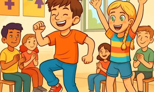 Antoine, un garçon de 12 ans aux cheveux bruns en bataille et aux yeux curieux, danse joyeusement dans une salle de classe lumineuse. Son sourire éclatant témoigne de son enthousiasme. À ses côtés, sa meilleure amie Clémence, également âgée de 12 ans, l'encourage avec un grand sourire et les bras levés. La salle est décorée de posters sur l'égalité des genres, avec des fenêtres laissant entrer la lumière du soleil. Des camarades applaudissent et sourient, créant une atmosphère de joie et d'acceptation, où chacun peut exprimer sa passion librement.
