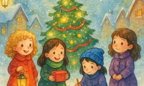 Quatre enfants se tiennent ensemble sur la place centrale du village, entourées de maisons enneigées. Le sol est couvert de neige blanche scintillante sous les lanternes suspendues. Au centre, un grand sapin de Noël décoré se dresse majestueusement. Les enfants déposent des souhaits écrits au pied du sapin. Les flocons de neige tombent doucement, créant une atmosphère magique. Les lanternes projettent une lueur dorée sur leurs visages joyeux.