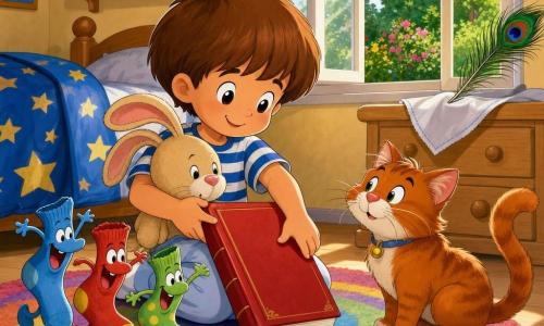 Tom, garçon de 4 ans, heureux et fier, cheveux châtains en coupe boule, t-shirt rayé bleu et blanc et pyjama léger, sourit en fermant un grand carnet à couverture rouge qu'il tient contre sa poitrine en serrant son doudou Lapin beige aux longues oreilles roses; Lapin est calé contre le carnet, rassuré et doux. À côté, la chatte rousse Biscotte, assise sur le tapis, regarde Tom, ronronnante et curieuse. Trois chaussettes rigolotes (bleue, rouge, verte à pois) forment une petite pile animée près du lit, comme prêtes à sauter dans le carnet. Une plume de paon vert-bleu irisé repose dans un mouchoir blanc sur la commode et scintille doucement. La chambre d’enfant, baignée de lumière du matin, offre un lit en bois clair avec couette à étoiles, tapis coloré, étagère de jouets et fenêtre ouverte sur un jardin vert; l’ambiance est douce, aventureuse, aux couleurs vives, contours arrondis et expressions chaleureuses.