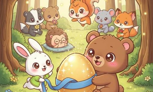 Barnabé, un ours brun chibi au pelage doux, yeux ronds et sourire tendre, est assis au centre, entourant un grand œuf doré orné d’un ruban bleu qui commence à s’illuminer; Lila la lapine blanche au gilet vert pomme saute joyeuse à gauche, Gustave le hérisson chibi aux lunettes repose sur un coussin de feuilles à l’arrière, Zora l’écureuil rousse virevolte au-dessus, et Léon le blaireau, Mimi la souris et Igor le renard forment un demi-cercle en arrière-plan, chacun tenant un petit trésor; clairière ensoleillée bordée de chênes, mousse verte, lucioles et fleurs sauvages, pluie de poussière dorée scintillante, ambiance chaleureuse et festive de Pâques; style pastel vif, contours doux, proportions chibi, textures pelucheuses et reflets sur la coquille.
