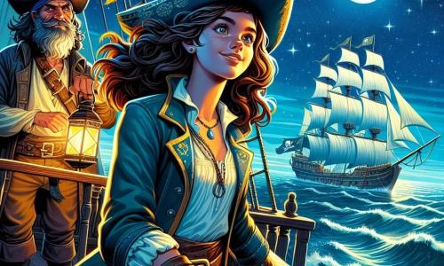 Navia, une jeune femme pirate d'environ 18 ans, se tient fièrement à la proue du grand navire Vent de Liberté. Elle a de longs cheveux bruns, des yeux déterminés et un sourire audacieux. Vêtue d'un chapeau de pirate orné de plumes et d'un manteau en cuir usé, elle tient une carte au trésor dans une main et pointe l'horizon de l'autre. À ses côtés, Barbe-Grise, un homme d'environ 60 ans avec une longue barbe grise, regarde le ciel étoilé, amusé. Il porte une chemise en toile et un gilet en cuir, tenant une lanterne qui éclaire le visage de Navia. Le navire tangue doucement sur un vaste océan sous un ciel nocturne étoilé, créant une ambiance d'aventure. Navia, enthousiaste et curieuse, est prête à déchiffrer les mystères du journal de trésorier, tandis que Barbe-Grise l'encourage, impatients de découvrir les trésors cachés.