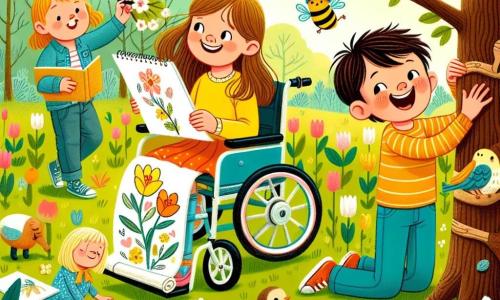 Dans un parc au printemps, quatre enfants jouent ensemble. Céline, 8 ans, est dans un fauteuil roulant coloré, souriante avec un carnet de dessin. Max, 7 ans, debout à côté d'elle, dessine une abeille. Léo, 9 ans, observe des oiseaux derrière un arbre, émerveillé. Juliette, 8 ans, accroupie près des fleurs, ramasse une petite fleur pour Céline. Le parc est rempli de tulipes colorées, les oiseaux chantent et le ciel est bleu avec quelques nuages. Les enfants jouent à cache-cache, riant sous le soleil.