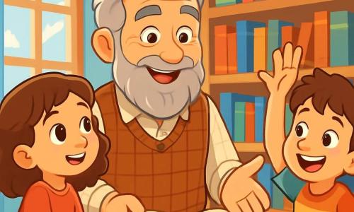 Monsieur Lucas, un homme âgé à la barbe grise et aux yeux bienveillants, se tient au centre de la scène, souriant et racontant une histoire aux enfants. À sa droite, Clara, une petite fille de 8 ans aux cheveux bouclés, l'écoute attentivement, tandis qu'à sa gauche, Max, un garçon de 9 ans aux cheveux en bataille, lève la main avec enthousiasme. La scène se déroule dans une bibliothèque enchantée aux murs bleus et aux étagères remplies de livres colorés, baignée de lumière. Monsieur Lucas partage des histoires de paix et d'amitié, créant une atmosphère magique et inspirante.