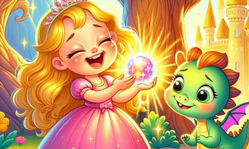 Une petite princesse d'environ 6 ans, avec de longs cheveux dorés et une robe rose scintillante, sourit en tenant une perle magique dans sa main. À côté d'elle, un petit dragon aux écailles vertes, d'environ 3 ans, la regarde avec affection. Ils se trouvent dans un jardin secret rempli de fleurs colorées et d'un chemin de pierres scintillantes menant à un palais doré. La lumière du soleil crée des ombres dansantes sur le sol. La princesse et le dragon rient ensemble, partageant un moment de complicité, tandis que la perle magique illumine leur visage d'une douce lumière.
