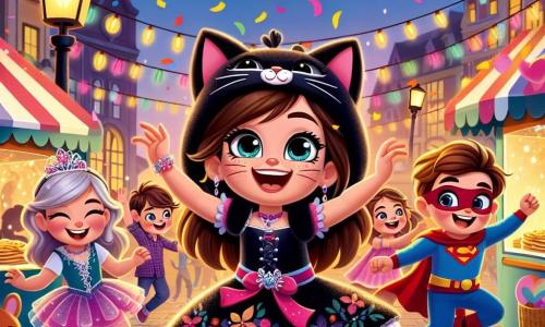 Une petite fille de 8 ans, Lou, se tient au centre de la scène, joyeuse. Elle a de longs cheveux bruns, des yeux pétillants et porte un costume de chat noir. Elle sourit, levant les bras, entourée de confettis colorés. À sa droite, Tom, déguisé en super-héros avec une cape rouge, exécute une pirouette. À sa gauche, une petite fille en costume de fée saute de joie, émerveillée. Le décor est une place centrale animée de la ville de Joyeuse, avec des lampions colorés, des stands de crêpes et des jeux forains. Lou organise un défilé de mode improvisé, créant une atmosphère festive et magique.