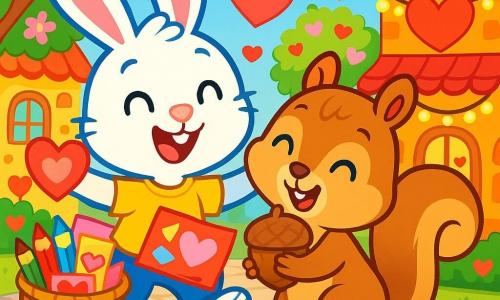 Timmy le lapin, un petit lapin aux grandes oreilles et à la fourrure blanche, saute joyeusement avec un sourire. Il tient un panier rempli de crayons de couleurs et de papiers brillants pour créer des cartes de Saint-Valentin. À côté de lui, Mademoiselle Écureuil, une petite écureuil aux yeux pétillants et à la fourrure châtain, sourit en tenant une noisette en chocolat et lui fait un câlin chaleureux. Le décor est celui d'un village d'animaux avec des rues pavées ornées de cœurs, des boutiques colorées illuminées de guirlandes scintillantes et des arbres en fleurs. La scène montre Timmy et Mademoiselle Écureuil échangeant des cartes de Saint-Valentin dans une ambiance joyeuse et colorée.