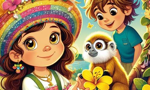 Lina, une petite fille de 4 ans aux grands yeux pétillants et aux cheveux bruns bouclés, sourit en tenant une fleur jaune. Elle porte un chapeau coloré et une robe à fleurs. À ses côtés, Léo, un garçon de 5 ans aux cheveux blonds en bataille et en t-shirt bleu, rit en montrant un caillou brillant. Ils se trouvent dans un jardin luxuriant à Rio de Janeiro, rempli de fleurs, d'oiseaux colorés et d'arbres majestueux. Un petit tamarin-lion doré, aux poils brillants et aux yeux malicieux, les invite à le suivre vers un grand arbre. Lina et Léo sont émerveillés par la beauté de la nature.