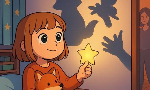 Fille de 10 ans au visage rond et cheveux châtain clair coupés au carré, yeux grands et brillants, expression courageuse et émerveillée, tenant une petite lampe en forme d’étoile qui projette sur le mur des ombres ludiques (un grand renard, un papillon et un chien formés par ses mains) ; la peluche renard Rémi est serrée contre elle sur le lit ; la maman d’environ 35 ans apparaît floutée et souriante dans l’encadrement de la porte ; chambre cosy et colorée (murs pastel, rideaux à étoiles, couverture patchwork, étagère avec livres, parquet chaud) ; ambiance douce et rassurante, contrastes de lumière jaune et ombres bleutées, textures visibles ; composition centrée sur la fille assise, Rémi à sa droite et la porte en arrière-plan.