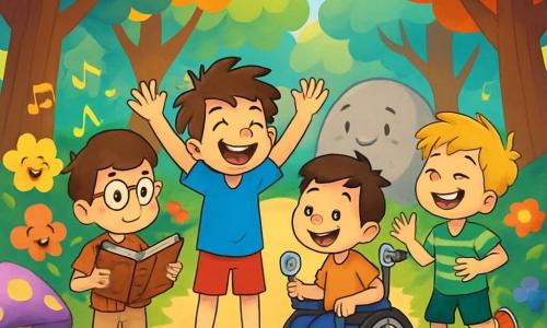 Quatre enfants sont présents : Max, un garçon de 10 ans avec des cheveux en désordre et un grand sourire, portant un t-shirt bleu et un short rouge, se tient au centre, les bras levés. Léo, également âgé de 10 ans, a des lunettes rondes et des cheveux bruns, vêtu d'une chemise à carreaux et d'un pantalon beige, se tient légèrement à gauche avec un vieux livre de légendes. Tom, avec des cheveux blonds et un air espiègle, porte un t-shirt vert rayé et des shorts, à droite, riant et dansant. Jules, en fauteuil roulant, est à droite de Max, souriant malicieusement avec un bonbon à la menthe. La scène se déroule dans la forêt de Merveilles, où des arbres aux feuilles multicolores murmurent des blagues et des fleurs dansent. Les quatre amis rient ensemble, entourés de champignons chantants, prêts à raconter une blague à un gros rocher qui bloque leur chemin, illustrant l'esprit d'aventure et d'amitié.