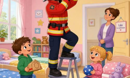 Un pompier souriant en veste rouge, bottes noires et casque métallique, sur un escabeau, visse un détecteur d'incendie blanc au plafond. Milo, environ 4 ans, cheveux bruns courts, tient un petit casque en carton et regarde le détecteur près d'un lit. Zoé, environ 4 ans, cheveux blonds en couettes, assise au bord d'un autre lit, sourit et tient une balle bleue. Léa, la maîtresse aux cheveux châtains attachés, se tient près de la porte, attentive, les mains croisées. Le dortoir lumineux aux murs pastel, lits alignés avec peluches et couvertures à étoiles, grande fenêtre laissant entrer la lumière du matin. Atmosphère chaleureuse et rassurante, le pompier explique doucement pendant l'installation.