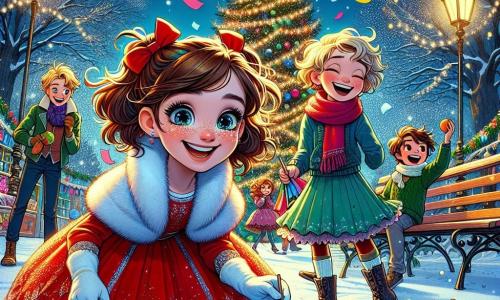 Léa, une fille de 12 ans, se tient au centre de la scène, souriante, portant une robe rouge à paillettes. À ses côtés, Max, 11 ans, rit en jonglant avec des oranges, tandis que Clara, 10 ans, cherche un indice près d'un banc. Le décor est un parc féerique avec des guirlandes lumineuses et de la neige. Ils sont en pleine chasse au trésor pour le Nouvel An, entourés d'une ambiance festive et de confettis.