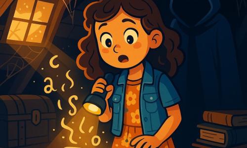 Émilie, une fille de 12 ans aux cheveux châtains bouclés et aux yeux brillants d'excitation, se tient au centre d'un vieux grenier poussiéreux. Elle porte une robe à fleurs et un gilet en jean, tenant une lampe de poche qui éclaire son visage émerveillé et légèrement effrayé. À côté d'elle, le Gardien, silhouette encapuchonnée aux yeux scintillants, l'observe de manière sage et mystérieuse. Le grenier est rempli de malles anciennes, de livres jaunis et de toiles d'araignées. Émilie, fascinée, ouvre un grand livre ancien relié en cuir, d'où s'échappent des mots lumineux flottant autour d'elle, créant une atmosphère magique et légèrement inquiétante.