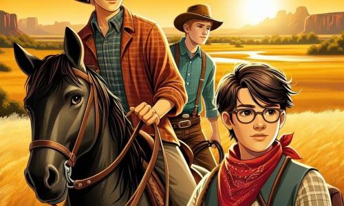 Ethan, un jeune cow-boy de quinze ans, se tient sur son cheval noir, Tornado, avec un large chapeau et un sourire déterminé. À ses côtés, Jake, également âgé de quinze ans, brandit un lasso, prêt à agir. Sam, un garçon de quatorze ans, observe la scène avec inquiétude, prêt à alerter ses amis. La scène se déroule dans une prairie dorée au coucher du soleil, avec des collines verdoyantes en arrière-plan et un feu de camp près d'autres cow-boys. Ethan et ses amis se préparent à défendre leur camp contre un groupe de hors-la-loi menaçants, l'atmosphère étant tendue mais empreinte de camaraderie et de bravoure.