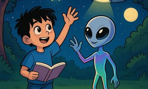 Léo, un garçon de 10 ans aux cheveux noirs en bataille et aux yeux curieux, se tient dans une clairière verdoyante, émerveillé. Il porte un t-shirt bleu et un short en jean, tenant un cahier ouvert d'une main et levant l'autre vers le ciel. À ses côtés, un extraterrestre nommé Liiin, petit et mince avec une peau argentée et de grands yeux brillants, descend d'un vaisseau spatial flottant, sa combinaison changeant de couleur. La clairière est entourée de grands arbres, éclairée par la lune, créant une ambiance magique où Léo et Liiin échangent des mots et des nombres sous un ciel étoilé.