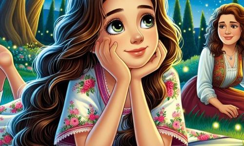 Clara, une fille de 11 ans, est allongée dans l'herbe du jardin, regardant un ciel étoilé. Elle a de longs cheveux bruns et porte une robe d'été colorée. Son visage montre une mélancolie douce et une lueur d'espoir en se remémorant sa grand-mère. À côté d'elle, sa mère, âgée d'environ 35 ans, la regarde avec tendresse, une main sur son cœur. Le jardin est rempli de fleurs illuminées par la lune, avec des arbres majestueux en arrière-plan et des lucioles scintillantes. Clara, observant les étoiles, se souvient des paroles de sa grand-mère sur l'amour éternel et la beauté de la vie, semblant triste mais sereine, prête à embrasser les souvenirs et l'avenir.