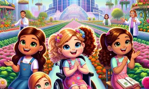 Quatre amies de huit ans se tiennent ensemble, joyeuses. Chloé, dans son fauteuil roulant décoré, sourit en montrant un jardin en fleurs. À sa droite, Mia applaudit, excitée. À gauche, Lola prend des notes, concentrée. Zoé admire un jardin de légumes géants, les bras croisés et souriante. En arrière-plan, le laboratoire de Luminopolis, avec ses murs en verre, abrite des machines futuristes et des scientifiques. Des jardins suspendus et des drones apportent des repas. Les filles découvrent le jardin créé par le robot jardinier Florabot, qui les aide à apprendre sur le jardinage. L'atmosphère est joyeuse et colorée, illustrant l'esprit d'aventure et d'amitié dans cette ville futuriste.