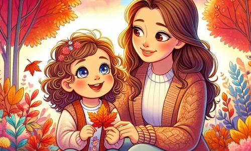 Léa, une petite fille de 2 ans aux grands yeux brillants et aux cheveux bouclés châtains, est assise dans un jardin coloré, entourée de feuilles d'automne rouge, jaune et orange. Elle sourit en tenant une feuille dans ses mains, ses joues rosies par l'excitation. À ses côtés, sa maman, une femme d'environ 30 ans aux cheveux longs et lisses, creuse un trou dans le sol avec une petite pelle, la regardant avec tendresse. Le jardin est rempli d'arbres majestueux aux feuilles flamboyantes sous un ciel légèrement nuageux, et des fleurs vives ajoutent de la magie. Elles plantent un petit arbre, symbolisant le début de l'hiver, tandis que des feuilles tombent autour d'elles, créant une ambiance chaleureuse et joyeuse.