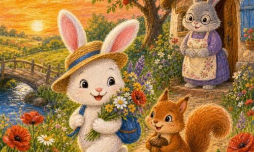 Petit Lapin blanc duveteux aux grandes oreilles roses, chapeau de paille incliné, sac à dos bleu, sourire, tenant un bouquet de fleurs sauvages; Écureuil roux à queue touffue, yeux pétillants, trottine à côté avec un gland; Mamie Lapin, grande lapine grise aux lunettes rondes et tablier à fleurs, souriante, bras ouverts sur le pas de sa maison; chemin de campagne avec petit pont sur une rivière scintillante, pré de coquelicots et pâquerettes, maison à toit de chaume et pommier, ciel de coucher de soleil orangé-rose; arrivée joyeuse chez Mamie pour les vacances d'été, ambiance chaleureuse et couleurs pastel.