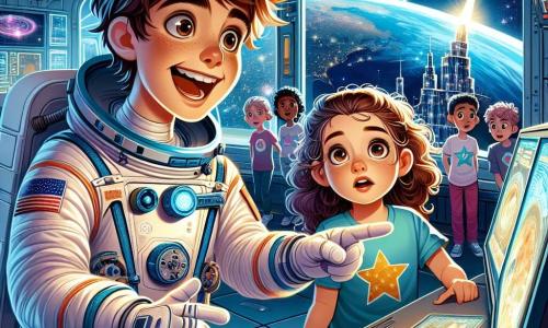 Un astronaute nommé Thomas flotte dans la station spatiale, souriant d'émerveillement. Il a des cheveux bruns en désordre et porte une combinaison spatiale blanche avec des détails colorés, entouré de panneaux de contrôle clignotants. À ses côtés, une petite fille de 12 ans, Camille, observe avec des yeux écarquillés à travers un écran, portant un t-shirt étoilé. En arrière-plan, un groupe d'enfants, tous d'environ 12 ans, est captivé par des images de la Terre et des galaxies. La scène se déroule dans un espace futuriste avec des murs métalliques et des fenêtres offrant une vue spectaculaire sur la Terre. Thomas explique avec enthousiasme les merveilles de l'espace, créant une atmosphère de découverte et d'aventure.