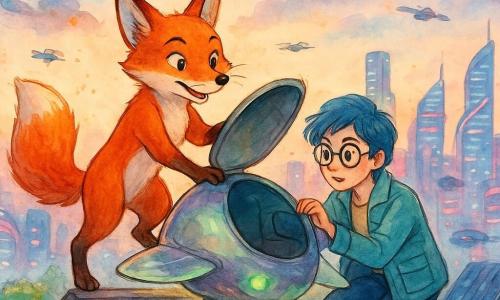 Renard anthropomorphe au pelage roux et à la queue touffue, yeux vifs et regard déterminé et heureux, montant dans un petit drone-cabine, tandis qu'une jeune inventrice aux cheveux courts bleus et lunettes rondes, accroupie à sa droite, ouvre la porte, le Drone Caméléon ovale à coque irisée et lumières vertes et violettes flottant au-dessus d'un toit texturé avec antennes et panneaux solaires ; en arrière-plan, la ville futuriste de Lumiville aux gratte-ciels en spirale, néons roses et cyan, voitures volantes et drones, scène crépusculaire d'une fuite dynamique et optimiste.
