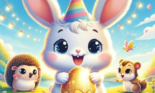 Houpette, un petit lapin aux grandes oreilles et au pelage doux, est au centre de l'image, souriant avec excitation. Il porte un chapeau de fête coloré et tient un œuf doré brillant, entouré d'une lumière magique. À ses côtés, Choupette, une petite souris, regarde l'œuf avec émerveillement, tandis que Grignote, un hérisson, observe la scène avec un sourire, et Pompom, un canard jaune, bat des ailes joyeusement. Le décor est une prairie enchantée avec des fleurs colorées et un ciel bleu éclatant, où un vieux chêne se dresse au loin et des papillons volent, créant une ambiance magique. Houpette et ses amis découvrent l'œuf doré, symbole de l'aventure de Pâques, illuminant leurs visages émerveillés.