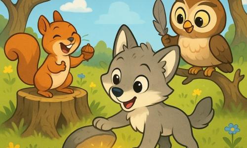 Un petit loup gris clair aux yeux brillants pose une patte sur une pierre tiède en regardant, émerveillé, une petite boîte en verre ouverte; Mira, une écureuil roux au ventre crème, se tient sur une souche à gauche en tendant une noisette en riant; Othello, une chouette beige et brune aux grands yeux, est perché à droite avec une plume brillante; la scène se déroule dans une prairie ensoleillée aux herbes vertes et fleurs sauvages, autour d'une pierre soulevée révélant une cache d'où émane une douce lueur, ambiance lumineuse et chaleureuse centrée sur le trésor et l'émerveillement partagé.