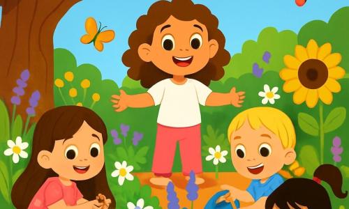 Quatre enfants s'activent dans un jardin coloré. Léa, 5 ans, a de longs cheveux bruns et porte une robe rose à fleurs ; elle tient une graine de fleur avec un grand sourire. Zoé, aussi 5 ans, a des cheveux blonds tressés et arrose les plantes avec un arrosoir bleu, les yeux pétillants de joie. Mia, avec des cheveux noirs en queue de cheval et une salopette verte, ramasse des feuilles sèches près d'un tournesol. Emma, aux cheveux châtains bouclés, habillée d'une blouse blanche et d'un pantalon rose, explique aux autres ce qu'elles font. Le jardin est rempli de fleurs éclatantes, de papillons et d'un ciel bleu. Les enfants travaillent ensemble pour prendre soin de leur jardin, arrosant, ramassant et plantant des graines, dans une ambiance joyeuse et vivante.