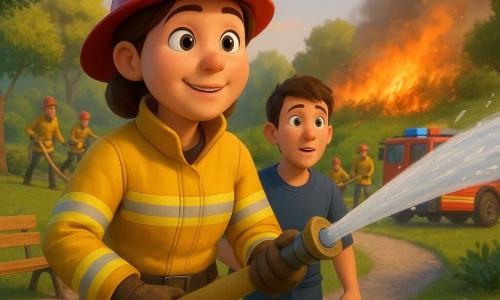 Clara, femme pompier d'une trentaine d'années, souriante mais concentrée, casque rouge de travers, veste jaune réfléchissante et bottes boueuses, tient un gros tuyau d'incendie crachant un arc d'eau; à ses côtés Léo, jeune apprenti d'environ 20 ans, cheveux bruns courts, regard émerveillé et nerveux, en tenue d'entraînement tenant une corde; trois autres pompiers en arrière-plan déroulent un autre tuyau et déploient une échelle contre un petit talus boisé; lieu : petit parc de banlieue avec arbres, buissons, sentier en gravier, banc en bois et un grand camion de pompiers rouge garé sur la route; situation : feu de broussailles orange avec fumée grise légère sur une colline basse, jets d'eau blancs éclatant sur les flammes, ambiance dynamique et héroïque mais rassurante; palette vive (rouges, jaunes, verts, bleus clairs), lumière douce de fin d'après-midi, textures lisses et volumineuses style film d'animation 3D, composition centrée sur Clara et Léo au premier plan avec angle légèrement en contre-plongée.