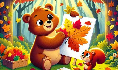Un ours nommé Oscar, au pelage brun et aux yeux pétillants, est assis sur l'herbe, entouré de feuilles colorées. Il sourit en tenant une grande feuille blanche sur laquelle il colle des feuilles d'automne. À côté de lui, un écureuil nommé Émile, au pelage roux, admire leur création. Ils sont dans un jardin enchanteur, avec des arbres aux feuilles jaunes, oranges et rouges, sous un soleil filtrant à travers les branches. Oscar et Émile s'amusent à créer un tableau d'automne en collant des feuilles colorées.
