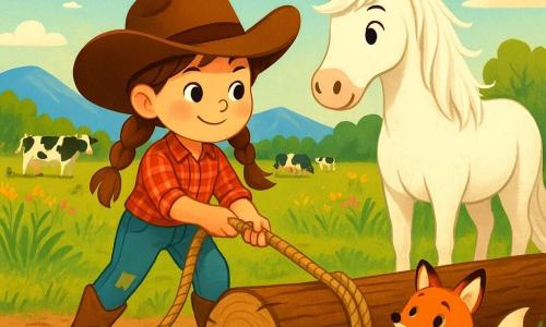 Une jeune cow-girl nommée Lila se tient sur un chemin boueux, portant un grand chapeau brun et une chemise à carreaux rouges. Elle a des cheveux châtains, des joues roses et un sourire déterminé. À ses côtés, son cheval Plume, aux poils blancs, l'observe avec douceur. Un renard roux, Rouxy, les regarde avec curiosité. La prairie est baignée par la lumière dorée du matin, avec des herbes hautes et des fleurs colorées. Lila, Plume et Rouxy tentent de dégager un tronc d'arbre tombé, tandis que des vaches attendent derrière, impatientes de passer. Lila est prête à tirer sur la corde pour déplacer le tronc, encouragée par Rouxy.