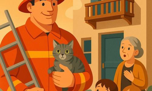 Un pompier souriant, grand et robuste, casque rouge brillant et veste orange réfléchissante, descend d'une grande échelle en tenant un petit chat gris rayé aux yeux verts blotti contre lui; une voisine d'environ 60 ans, cheveux gris en chignon, l'observe, étonnée et reconnaissante, sur le trottoir près de la porte; deux enfants (garçon de 6 ans, fille de 5 ans) aux yeux écarquillés tiennent des dessins de fleurs à l'entrée du jardin; petite maison de ville claire avec balcon en bois et volets bleus, légère fumée blanche s'élève sans panique; lumière douce du coucher de soleil, couleurs chaudes, formes géométriques art déco, style simple à lignes nettes, atmosphère rassurante et joyeuse.