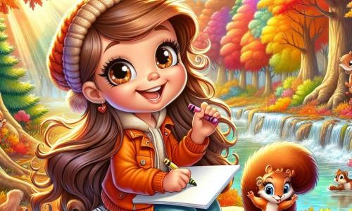 Clara, une fille de 6 ans, est au centre de l'image. Elle a de longs cheveux bruns, des yeux pétillants et porte une veste orange avec un bonnet en laine. Assise sur un rocher, entourée de feuilles d'automne colorées, elle dessine avec des crayons sur une feuille blanche, un grand sourire sur le visage. À côté d'elle, un petit écureuil curieux grignote une noisette, observant Clara. La scène se déroule dans une forêt enchantée avec des arbres aux feuilles flamboyantes et un ruisseau scintillant à proximité. Clara exprime sa créativité en capturant la beauté de l'automne tout en partageant un moment magique avec l'écureuil.