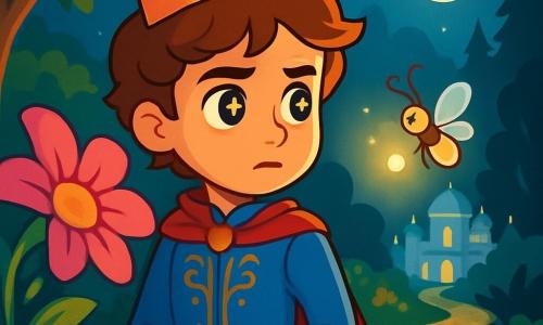 Un prince nommé Elian, âgé d'environ 12 ans, se tient au centre de l'image, avec des cheveux châtains ondulés et des yeux brillants. Il porte une tunique bleue ornée de motifs dorés et son visage exprime détermination et inquiétude. Il regarde un chemin mystérieux devant lui. À sa droite, une luciole scintillante illumine son visage, et à sa gauche, une fleur géante aux pétales roses et violets se penche vers lui. Le décor est un jardin secret du palais d’Opaline, avec des arbres majestueux et des fleurs éclatantes. En arrière-plan, le palais scintille sous la lune, tandis que des ombres inquiétantes apparaissent. Elian est prêt à s’aventurer hors du jardin, déterminé à retrouver la lumière disparue de son royaume, guidé par la luciole et encouragé par la fleur.