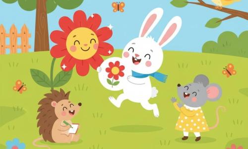 Petit Lapin, petit lapin blanc aux longues oreilles et nez rose, porte une écharpe bleue et montre fièrement son dessin d’une grande fleur rouge; à sa gauche Madame Fleur, grande fleur rouge souriante aux pétales brillants, penche sa "tête", à droite Monsieur Oiseau, petit oiseau jaune perché sur une branche, chante, à gauche un hérisson brun dessine au crayon vert et une petite souris grise en robe jaune applaudit; ils sont en cercle sur une prairie verte avec herbe courte, fleurs colorées, quelques papillons, une clôture en bois et un grand arbre en arrière-plan.