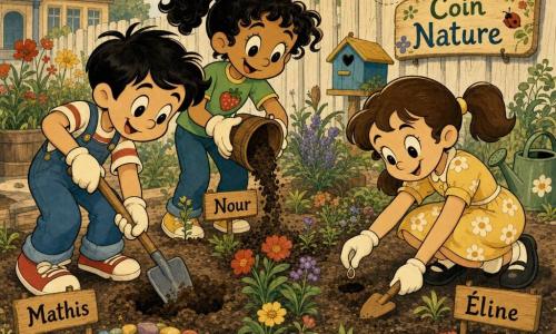 Trois enfants jardinent dans une cour d'école ensoleillée : Éline, 8 ans, cheveux châtains en couettes, robe à fleurs jaune pâle, accroupie à droite, plante une graine avec une mini pelle en bois ; Mathis, 8 ans, cheveux noirs courts, salopette bleue et baskets rouges, à gauche, creuse un trou avec une petite pelle, souriant ; Nour, 8 ans, cheveux bouclés en queue-de-cheval, t-shirt vert à motif fraise, au centre, verse du compost depuis un petit seau brun ; sol de terre, clôture en bois blanc, coin nature délimité par des galets et un panneau « Coin Nature », fleurs sauvages et un papillon orange, ambiance douce, active et optimiste montrant partage et soin de la nature.