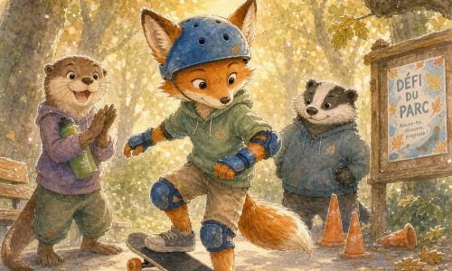 Milo, un jeune renard roux aux grandes oreilles, casque bleu et protège-poignets, visage concentré et serein, tient son skateboard aux roues orange et effectue une montée-descente précise, patte arrière au sol, genoux souples, planche qui roule doucement; à sa gauche, Lila la loutre souriante, gourde verte à la main, applaudit et encourage, tandis que Gaspard le blaireau trapu, poussiéreux mais fier, se tient derrière près de quelques cônes de slalom avec un léger sourire râleur; un petit écureuil perché sur une branche en haut à droite observe curieusement; le parc de châtaigniers présente une piste en béton clair avec fissures, un banc en bois, un panneau “Défi du Parc”, cônes orange, feuilles brunes et une douce lumière du soir, l’ensemble dégageant une atmosphère calme, sûre et joyeuse centrée sur l’action du renard et les regards complices des amis.