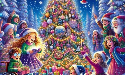 Clara, une fille de 10 ans aux cheveux bouclés et au sourire éclatant, se tient au centre de l'image avec une lettre magique. À sa droite, Lucas, un garçon de 11 ans en fauteuil roulant, avec des lunettes et un bonnet de Noël, la regarde avec excitation. À gauche, Zoé, une fille de 9 ans avec des lunettes rondes et des cheveux en bataille, pointe un grand arbre de Noël scintillant, émerveillée. Le décor est une clairière enchantée avec un majestueux arbre de Noël illuminé de guirlandes et de boules scintillantes, sous une neige étincelante. Clara, Lucas et Zoé, entourés de lutins joyeux, préparent une surprise de Noël pour Élodie, remplissant un traîneau de cadeaux et de décorations, tandis que la magie de Noël illumine leurs visages.